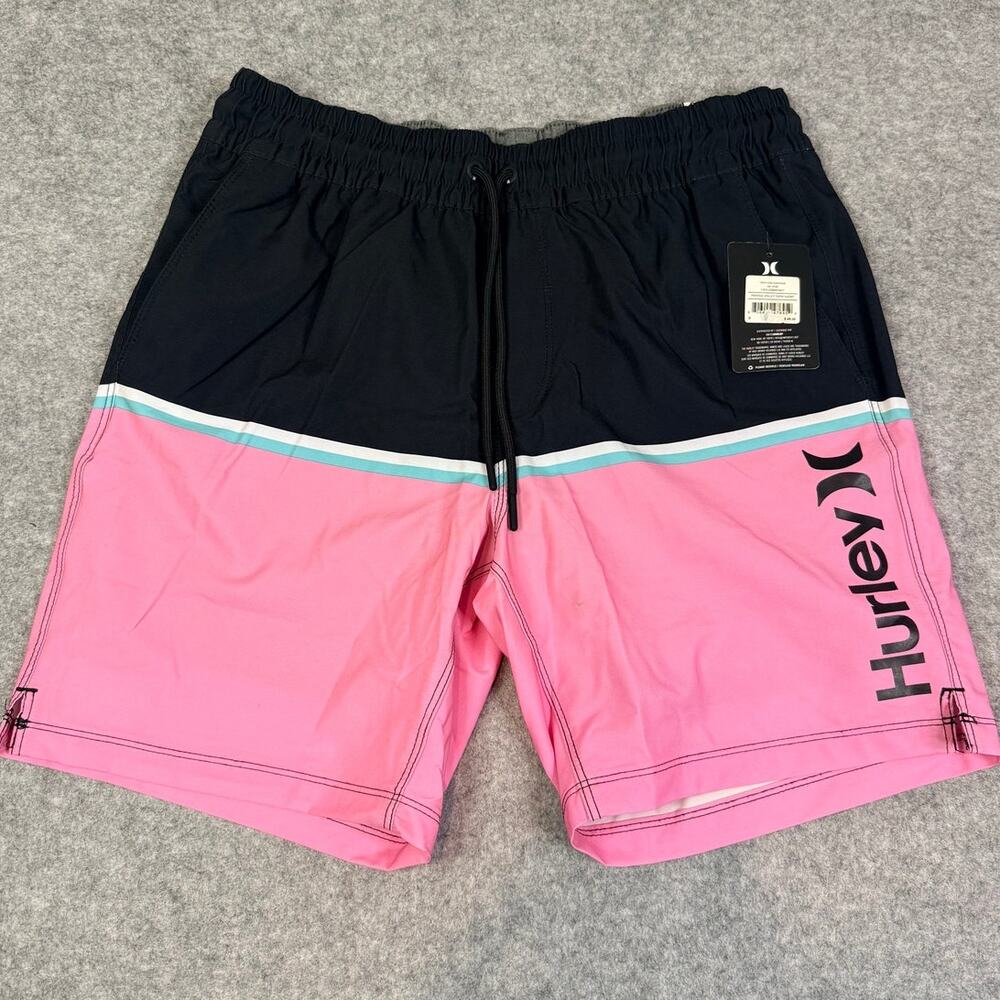 Hurley Volley Swim Shorts Men's Small Pink Black Colorblock 18" NWT Stretch